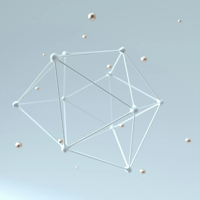 3D wireframe polyhedron with metallic spheres